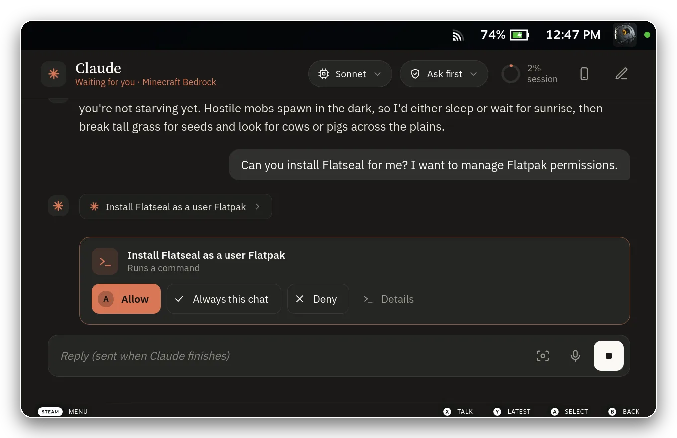 Approval card asking to install Flatseal, with Allow, Always this chat and Deny buttons