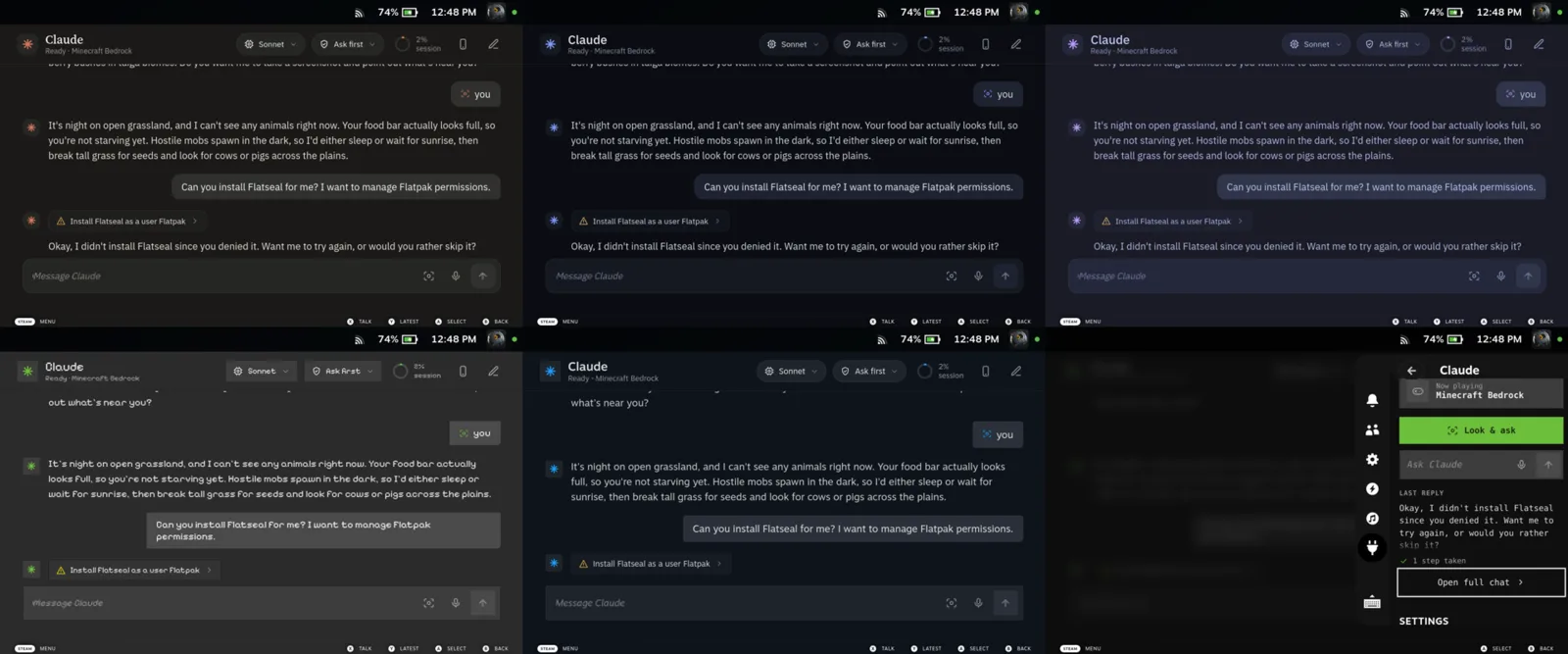 The chat in five themes: Claude, Midnight, Tokyo, Minecraft and SteamOS