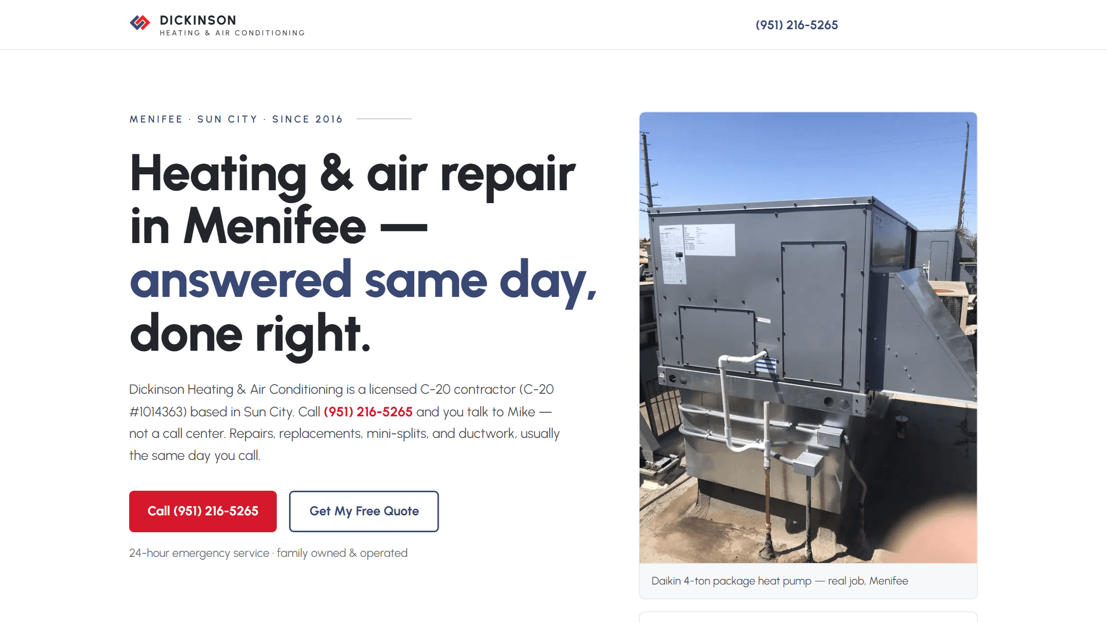 Concept site built for Dickinson Heating & Air