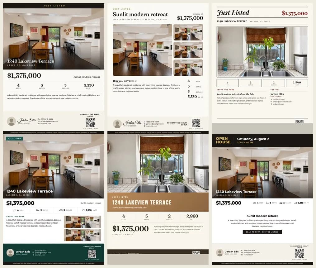 Six listing flyer designs for a sample home