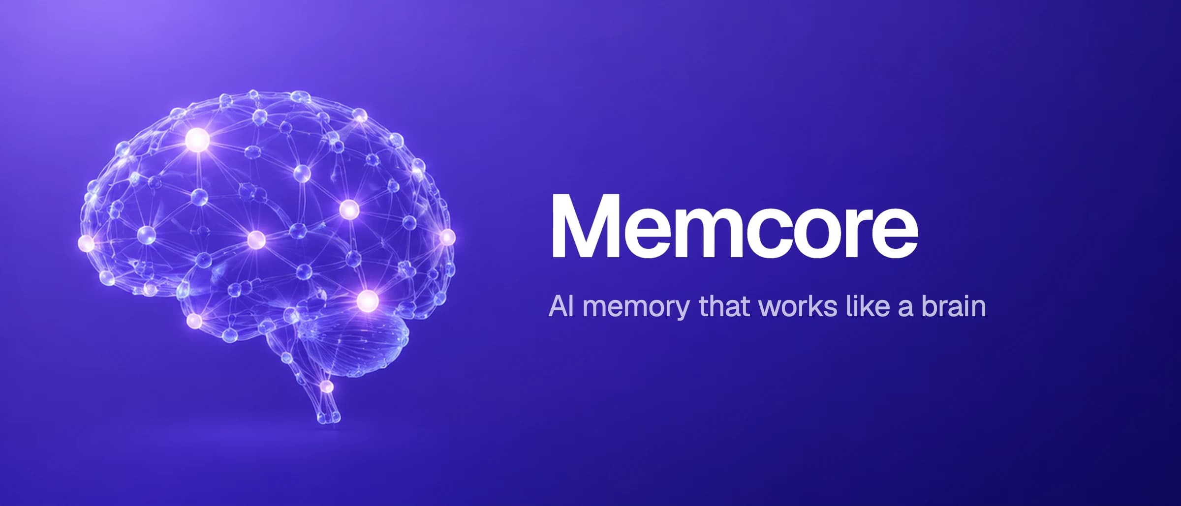 A brain made of glowing nodes on violet with the Memcore name