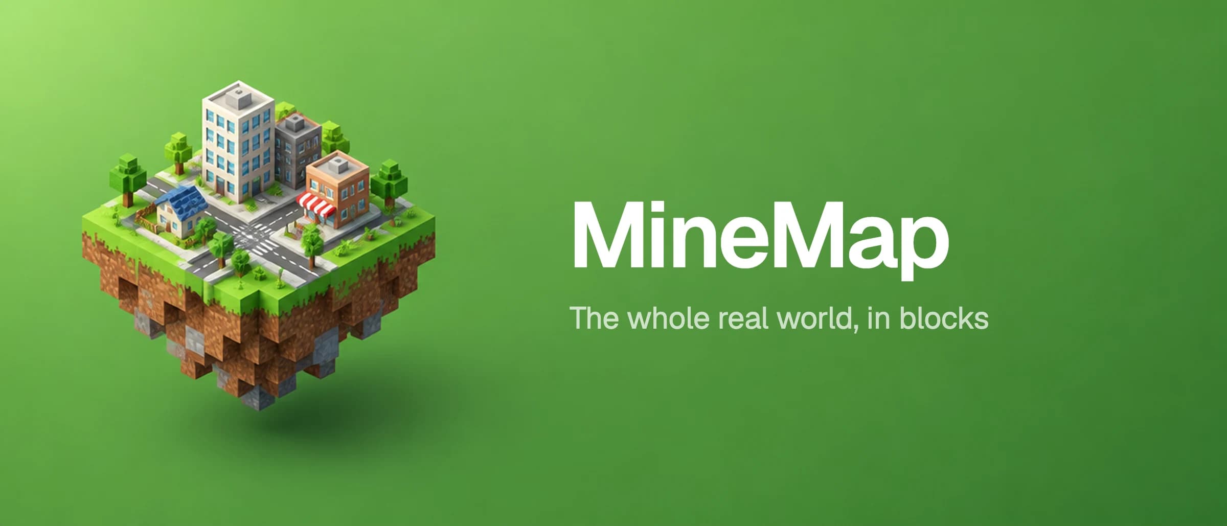A floating block-built city on green with the MineMap name