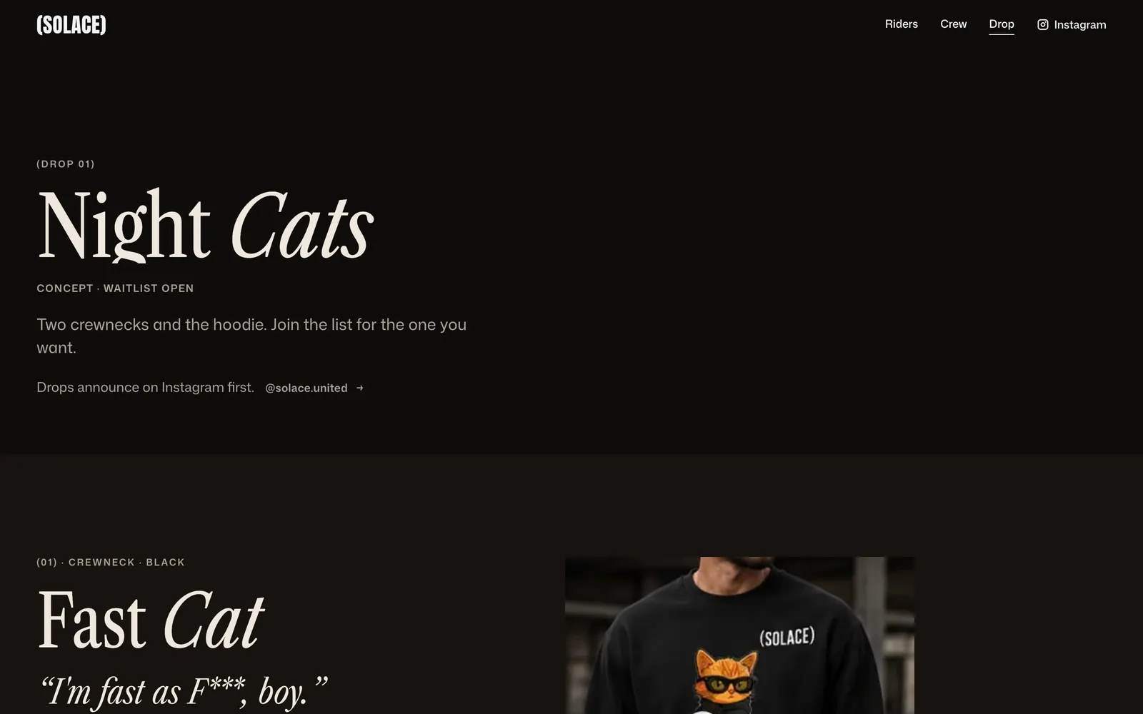 Drop 01, Night Cats: two crewnecks and a hoodie with a waitlist