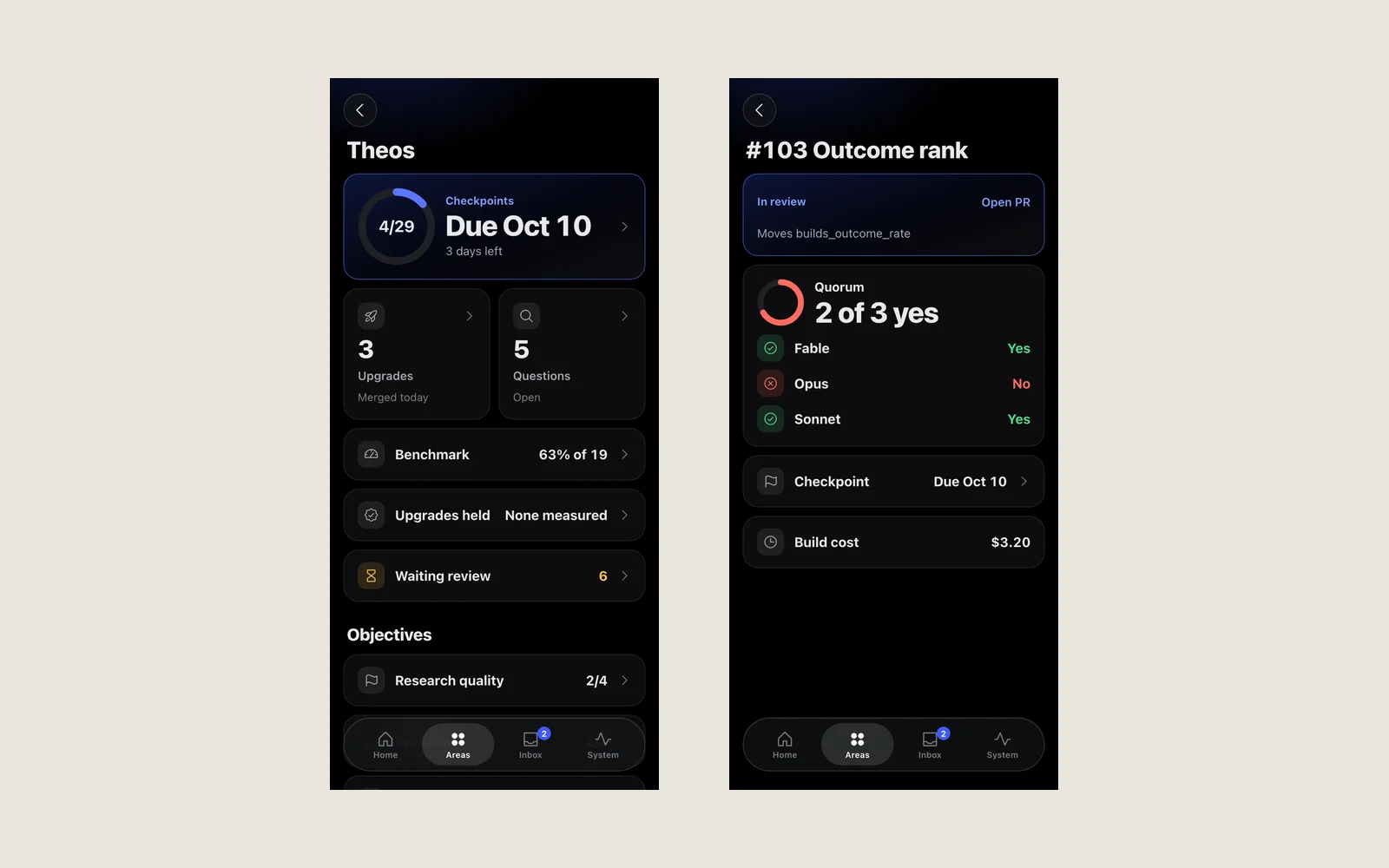 Theos phone console: checkpoints, upgrades merged, and a three-model vote