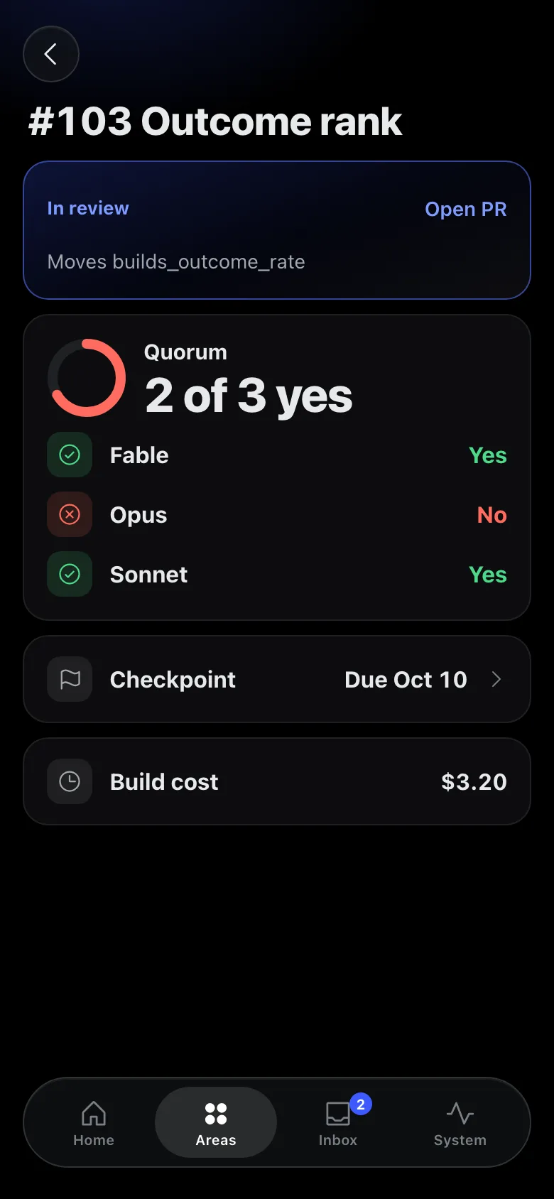 One proposed change with a three-model vote: two yes, one no