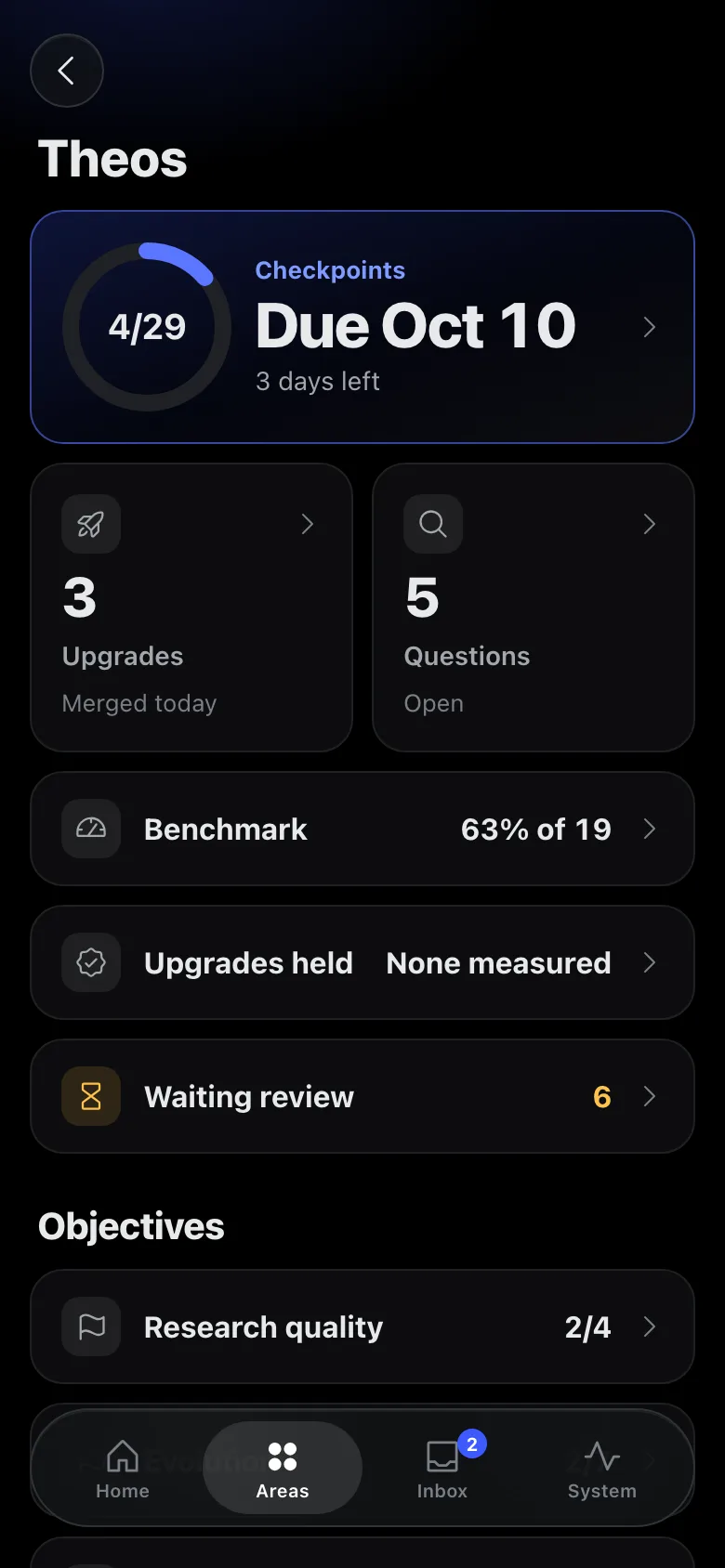 Theos area: checkpoints, upgrades merged, benchmark, upgrades held