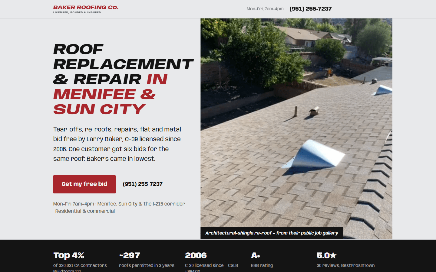 Homepage of a concept site for Baker Roofing Corporation — free roof bids headline built for Sun City's tile-roof housing stock