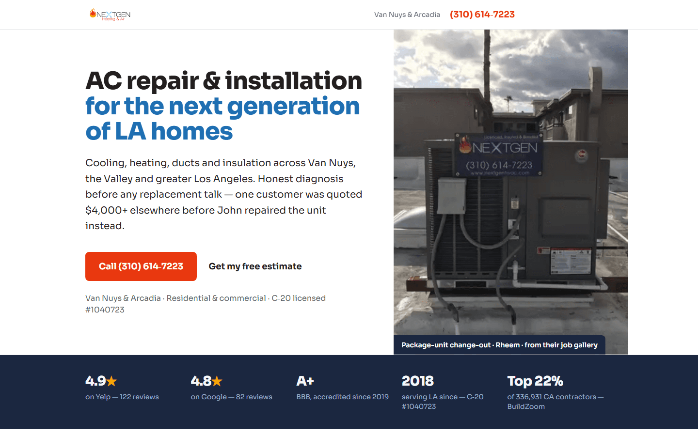 Homepage of a concept site for NextGen Heating and Air — AC repair headline beside a rooftop package-unit install carrying their own jobsite banner