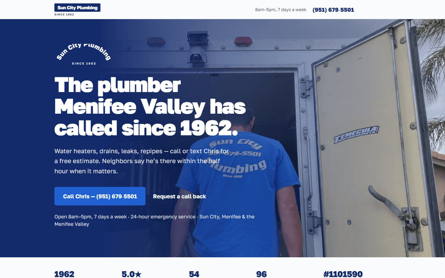 Homepage of a concept site for Sun City Plumbing — heritage headline over a photo of the crew's branded blue work shirts